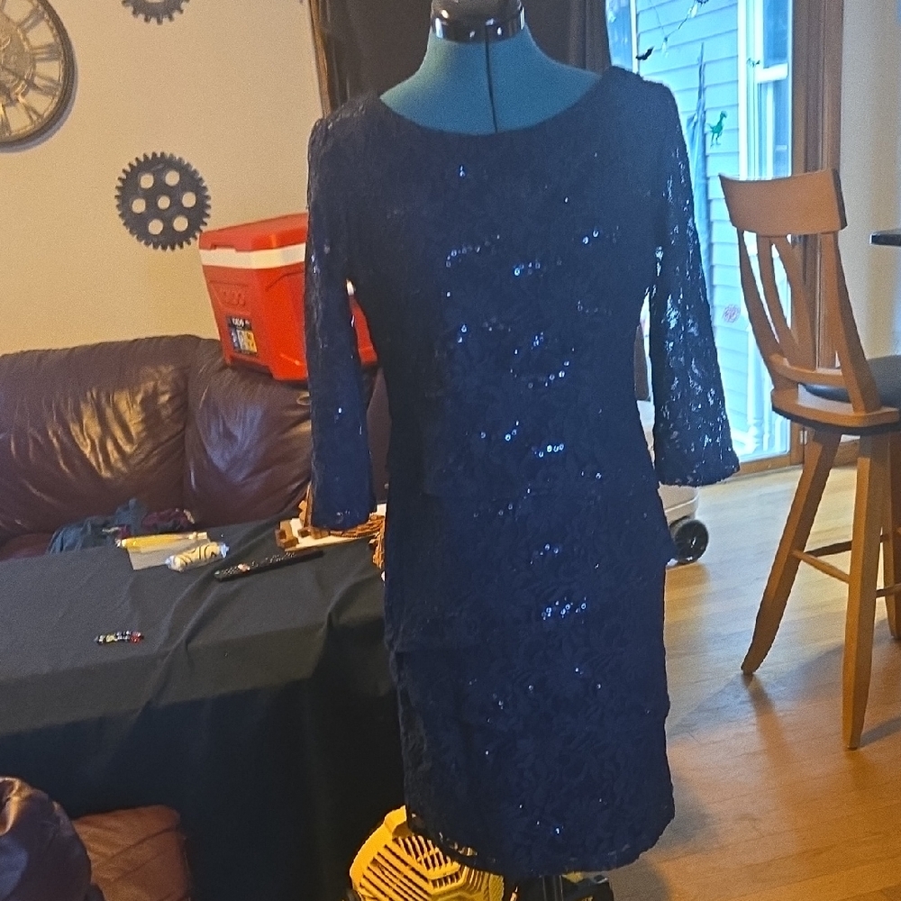 Ronni Nicole Navy Sequin Long Sleeve Dress